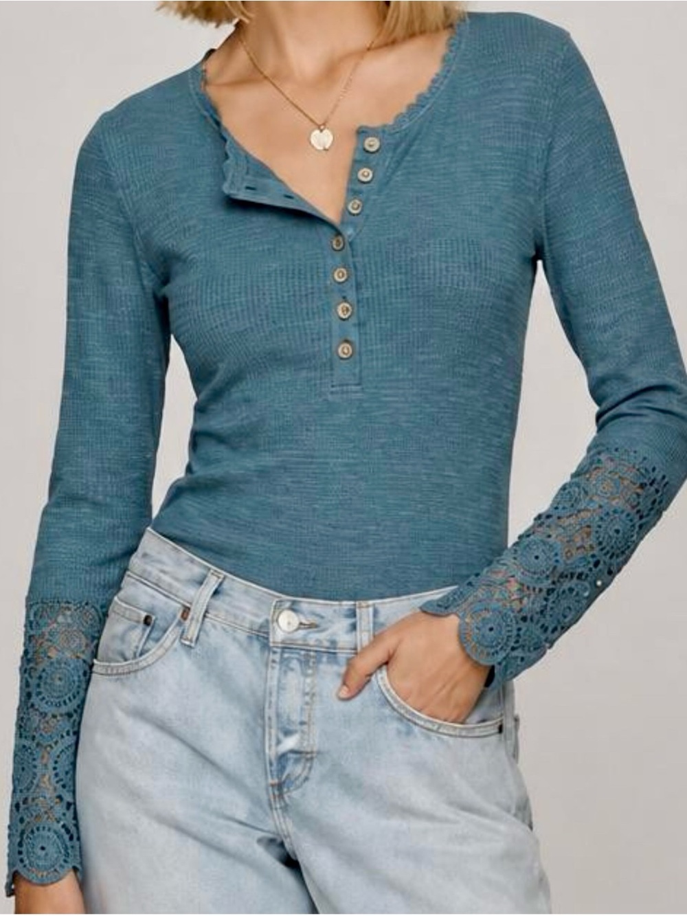 Boho Chic Rib-Knit Henley Top with Crochet Lace Sleeves in Slate Blue Small